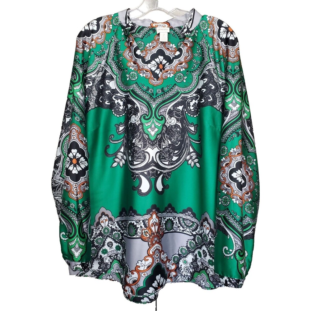 Chico's Green Silky Paisley Split Neck Long Sleeve Lightweight Tunic Size 2 LGE